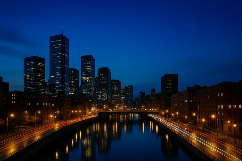 Blue hour cityscape: cobalt sky, balanced street lights, and smooth reflections on the river