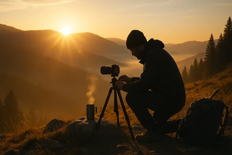 Sunrise golden hour: photographer adjusting a tripod on a ridge as warm light hits the valley