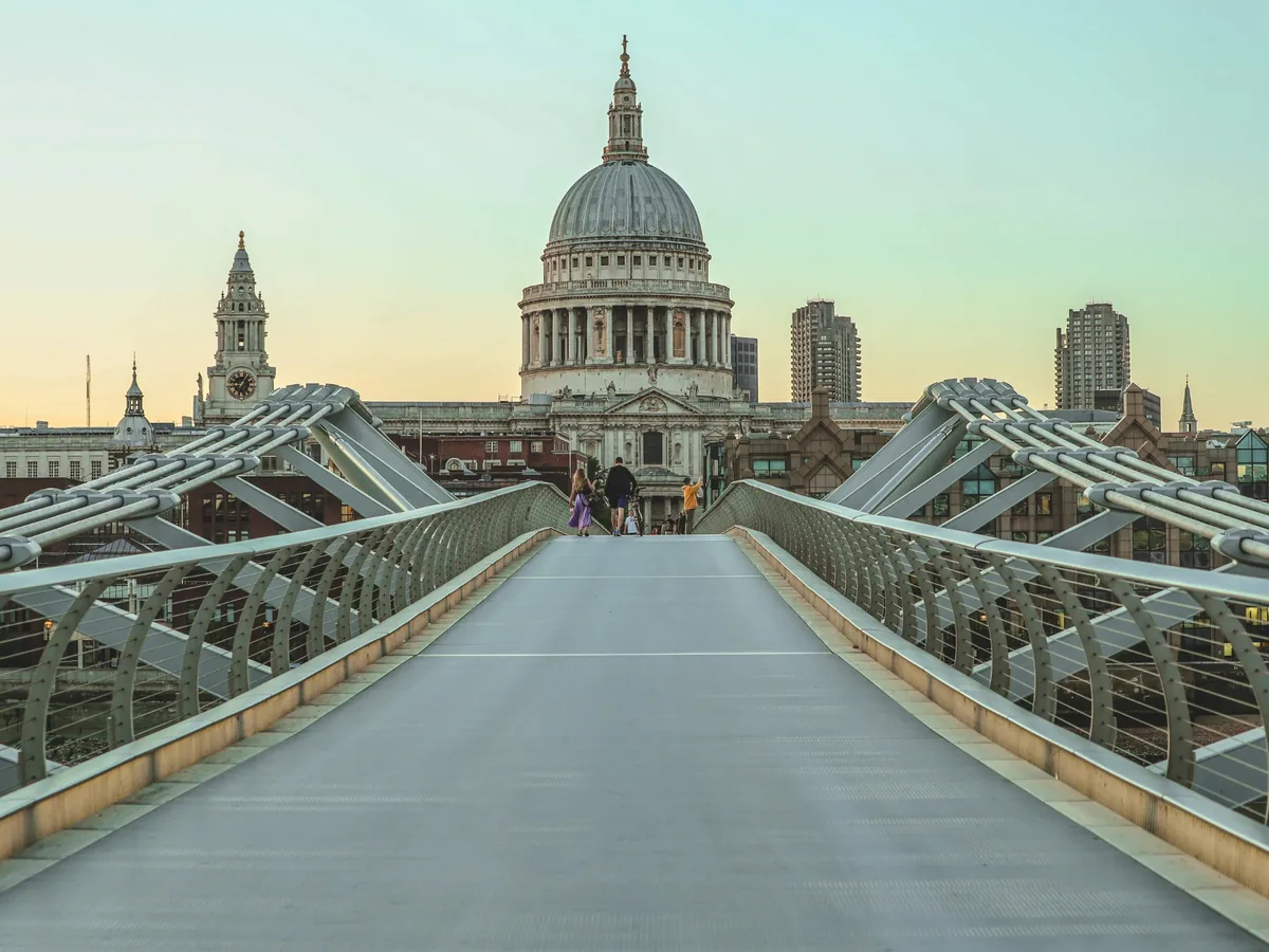Millennium Bridge leading directly toward St Paul's Cathedral in London
