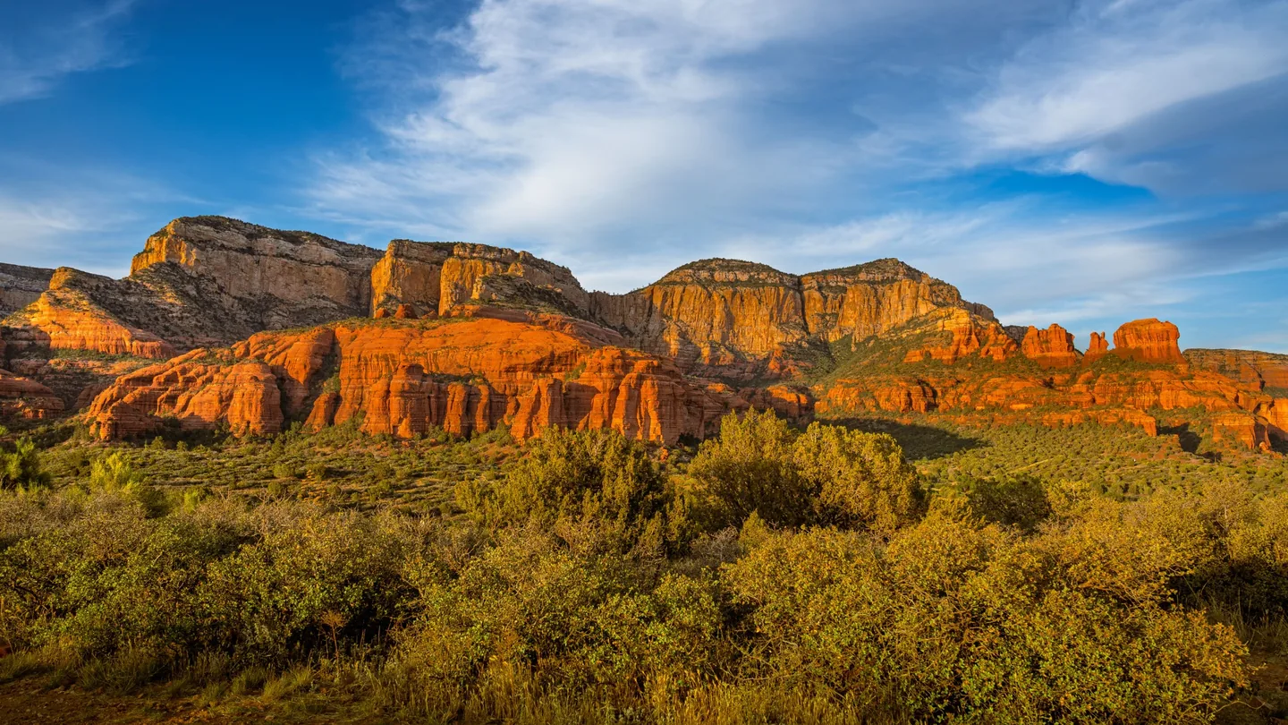 Cathedral Rock illuminated by warm evening light in Sedona, Arizona